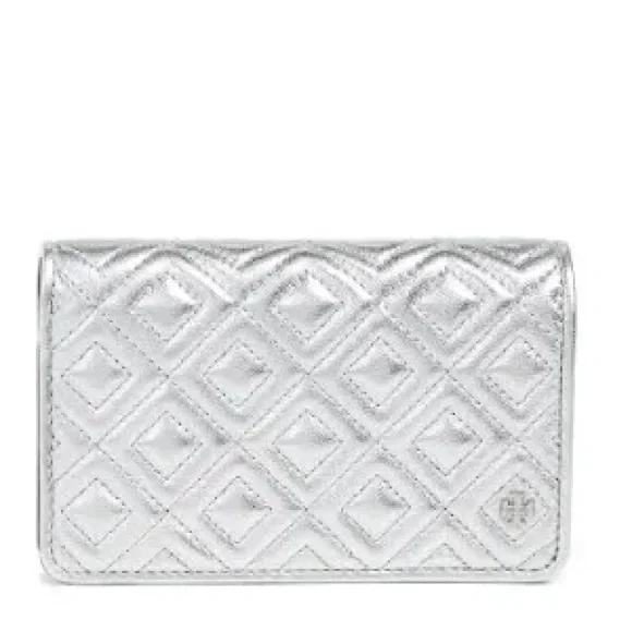 Tory Burch Fleming Medium Metallic Slim Wallet Silver Quilted Leather Wallet - Picture 8 of 17